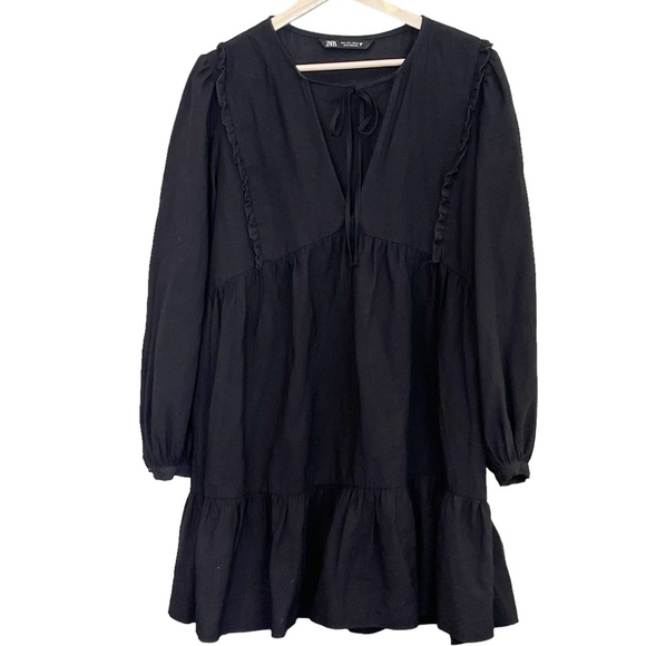 Zara Balloon Sleeve Ruffle Baby Doll A Line Tiered Mini Dress Size L Black - Picture 3 of 13